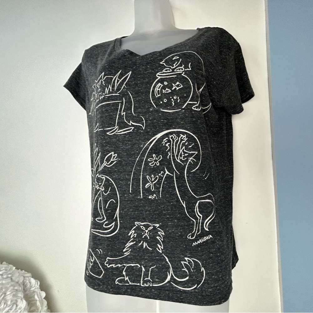 Marushka Gray Heathered Cat Antics‎ T-shirt Small - Picture 10 of 10